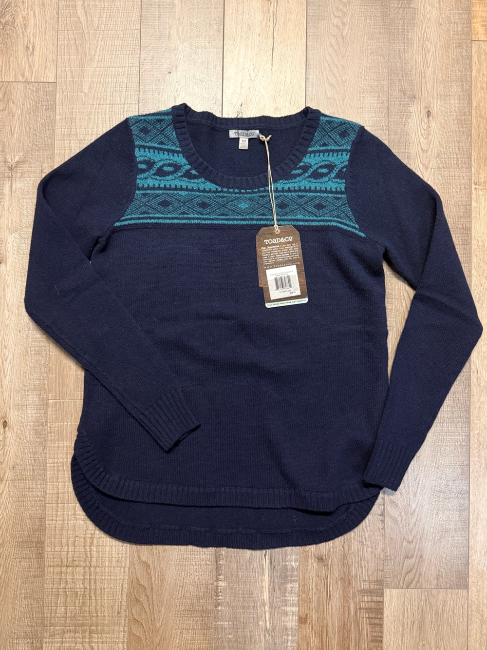 Toad&Co NWT Navy & Teal 100% Lambs Wool Sweater XS - Telluride Heritage